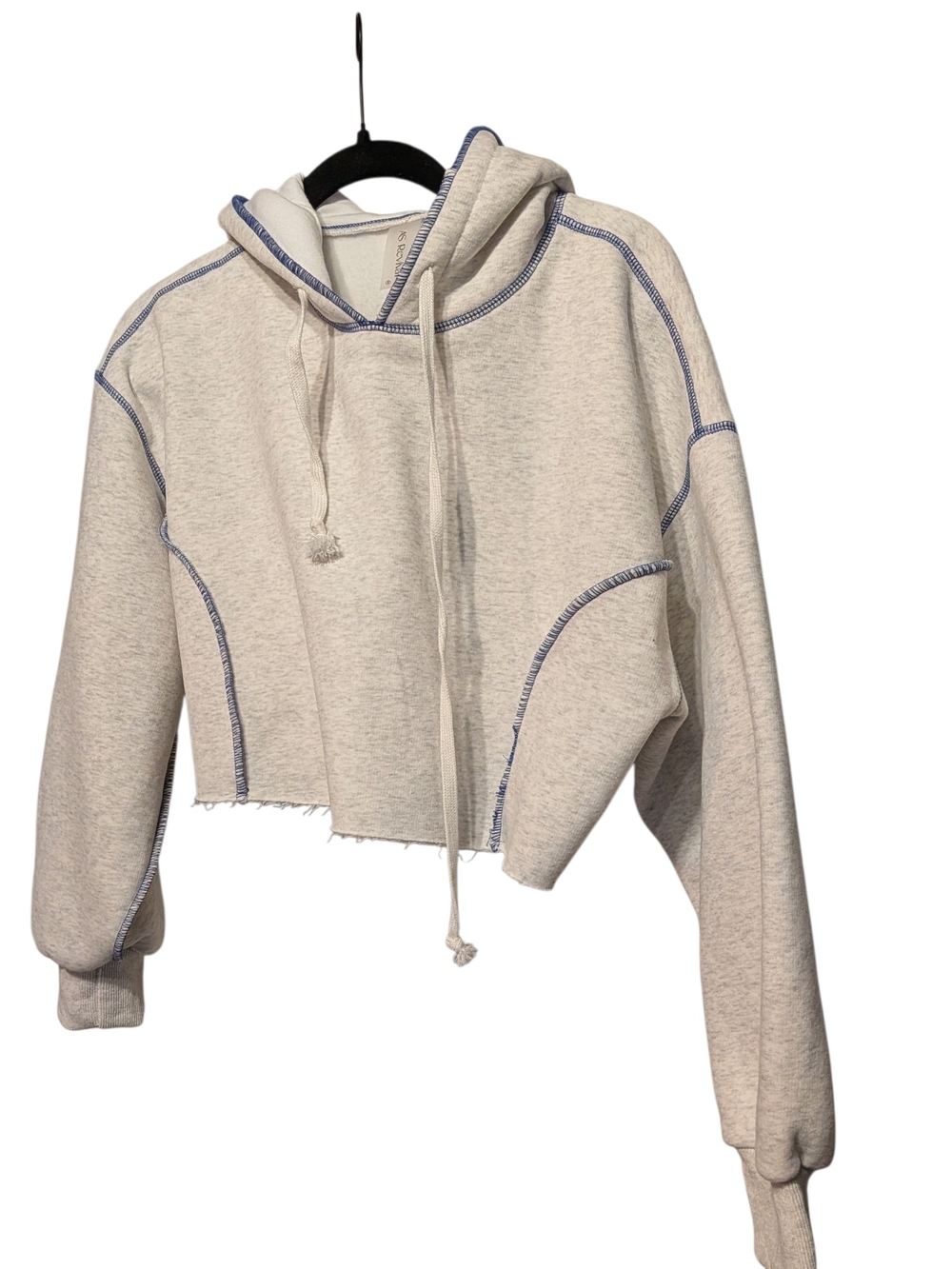 Cropped Contrast-Stitch Hoodie - Cream with Blue Trim
